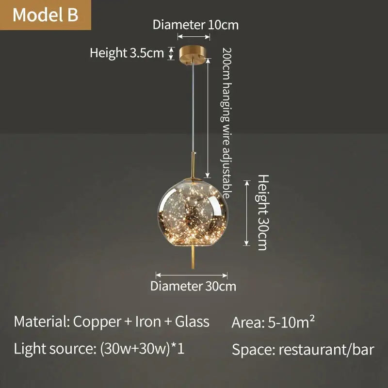 Decorbites crystal chandelier with a copper and iron frame and clear glass globe filled with golden LED lights for kitchen decor