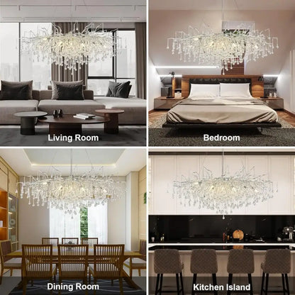 DecorBites crystal chandelier with modern branching design and raindrop crystals light fixture in clear glass