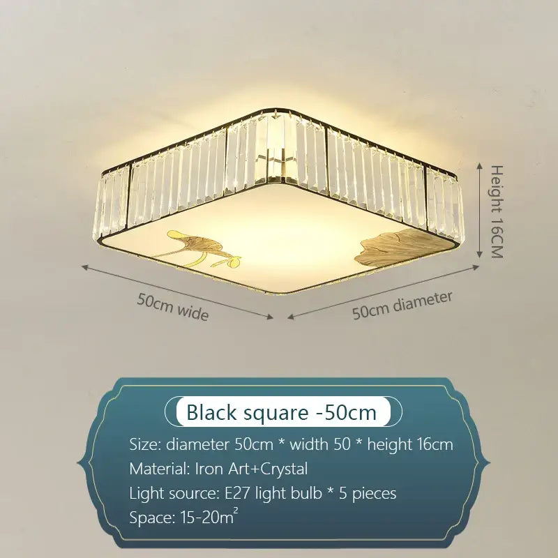 Square ceiling light by Decorbites crystal chinese with black iron frame clear crystal bars and gold lotus motifs for living room