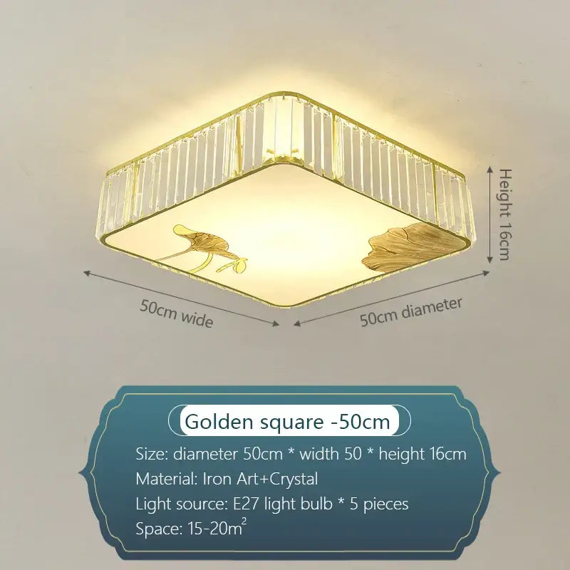 Golden square decorbites crystal chinese ceiling light with iron art frame crystal and golden leaf motifs panel