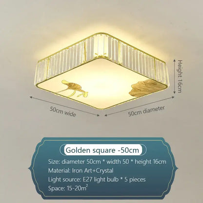 Golden square decorbites crystal chinese ceiling light with iron art frame crystal and golden leaf motifs panel