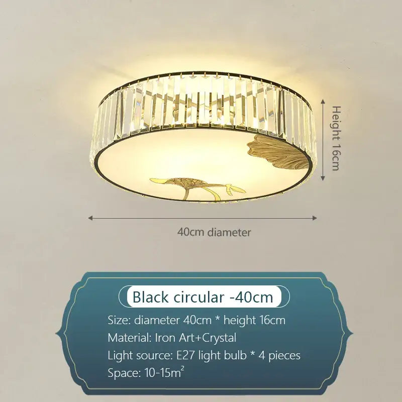 Black circular decorbites crystal chinese ceiling light with vertical crystal rods and gold lotus leaf motifs, 40cm diameter