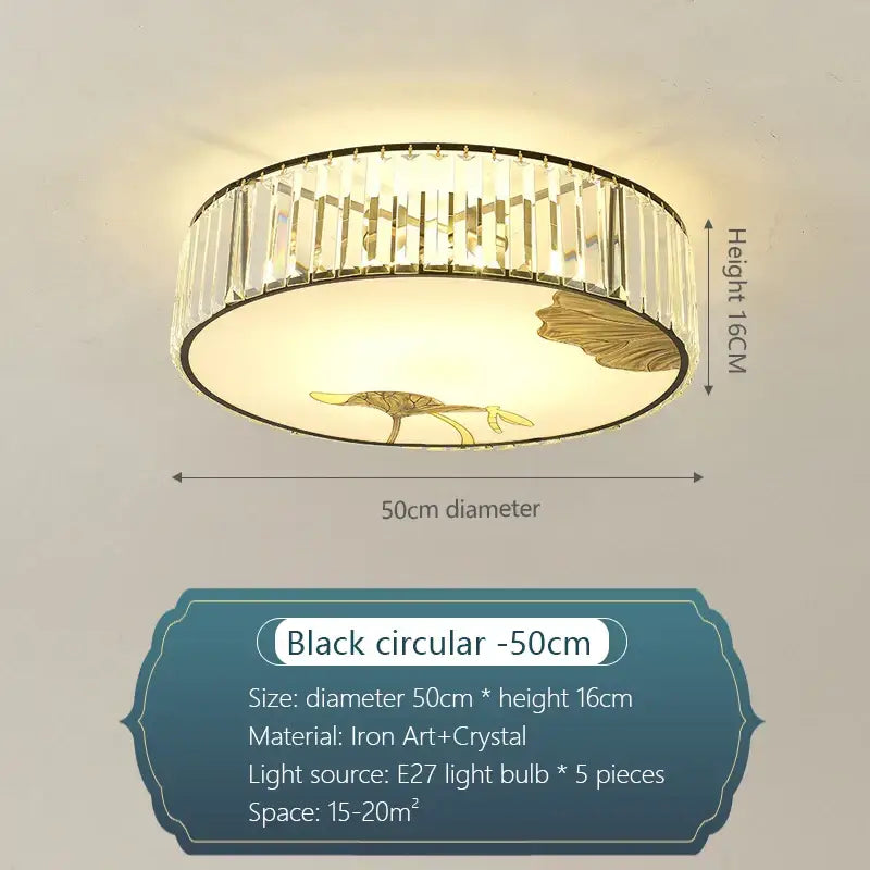Circular ceiling light with black frame, clear crystal rods, and gold-toned leaf bird motifs by Decorbites crystal Chinese