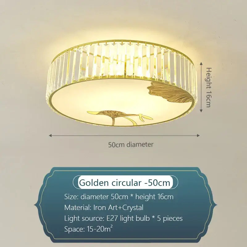 Golden circular decorbites crystal chinese ceiling light with vertical crystal rods and gold leaf lotus diffuser for living room