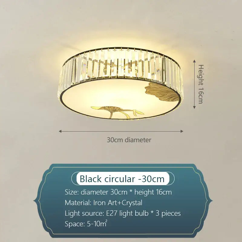 Black circular ceiling light with 30cm diameter iron art frame crystal rods and gold leaf motifs from decorbites crystal chinese collection
