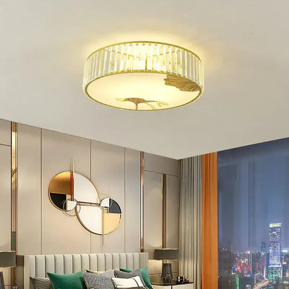Gold-toned decorbites crystal chinese lotus ceiling light with vertical crystal accents and central leaf motif for living room