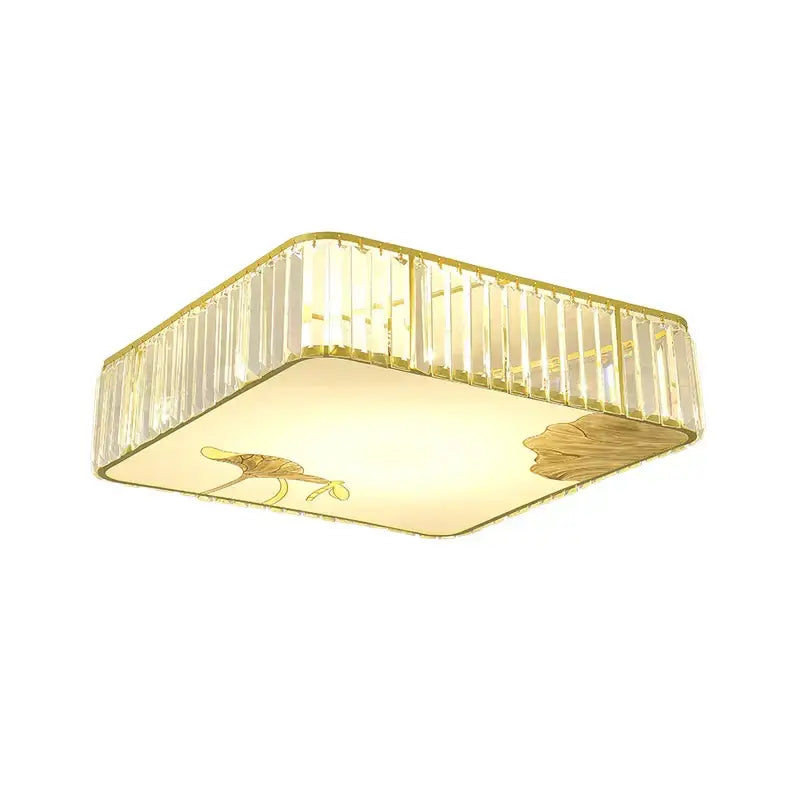Rectangular decorbites crystal chinese gold lotus ceiling light with gold frame and clear crystal bars for living room
