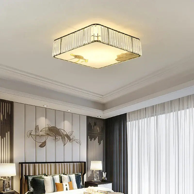 Rectangular decorbites crystal chinese ceiling light with clear crystal panels and gold lotus fish motifs for living room