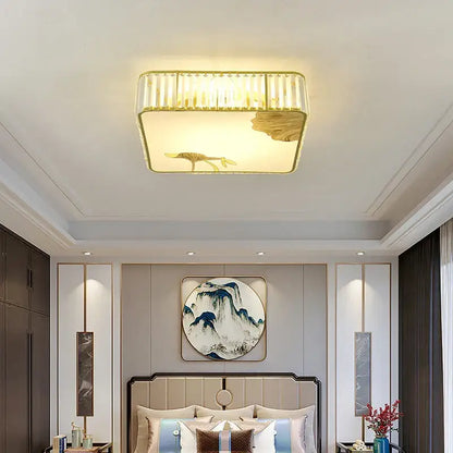 Rectangular ceiling light with gold-toned frame and stylized bird design by decorbites crystal chinese for living room