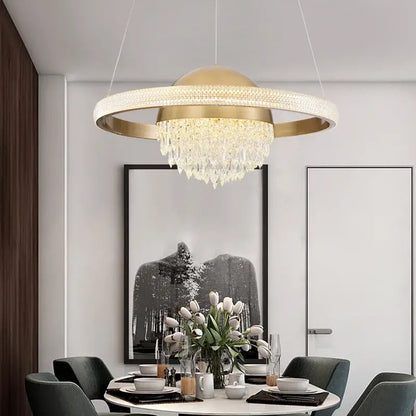 Gold-toned decorbites crystal copper pendant lights with circular frame and dangling crystals for luxury dining room decor