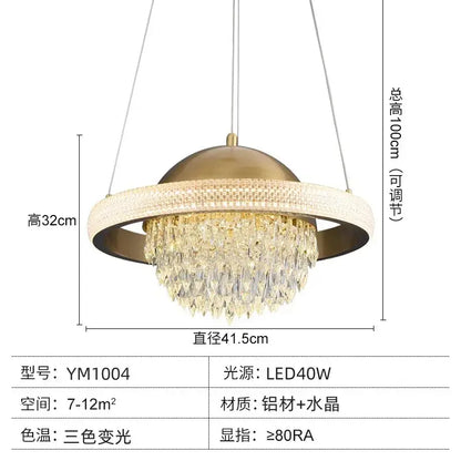 A modern decorbites crystal copper pendant light with gold-toned dome and crystal droplets for dining room luxury decor