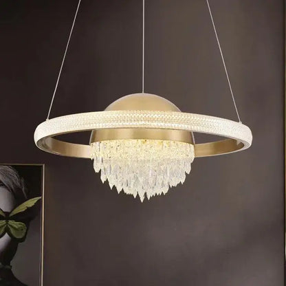 Gold-toned decorbites crystal copper pendant lights with central dome and cascading crystal fringe for luxury dining decor