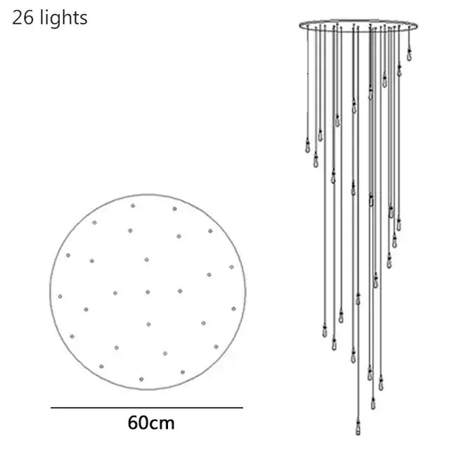 A modern decorbites crystal drop chandelier with 26 slender gold glass lights for dining room lighting
