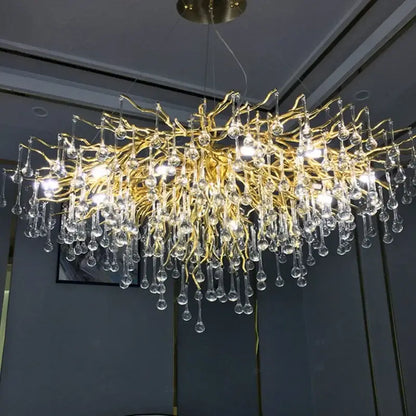 Golden branch style decorbites crystal drop chandelier with dangling crystal teardrop pendants for dining room light