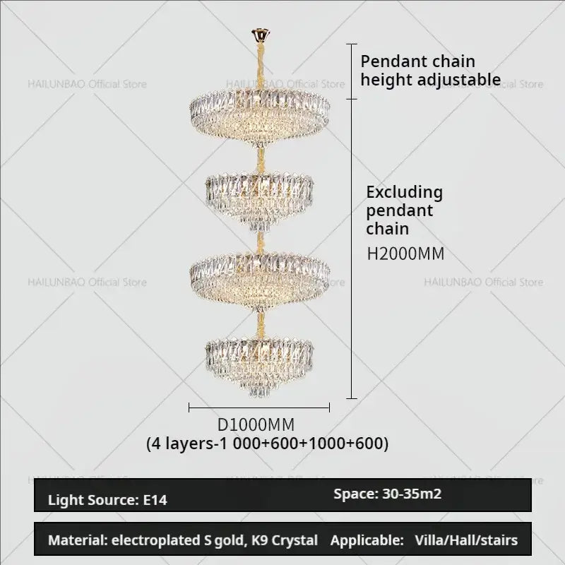 Decorbites crystal duplex chandelier with gold finish and cascading k9 crystals for elegant villa lighting