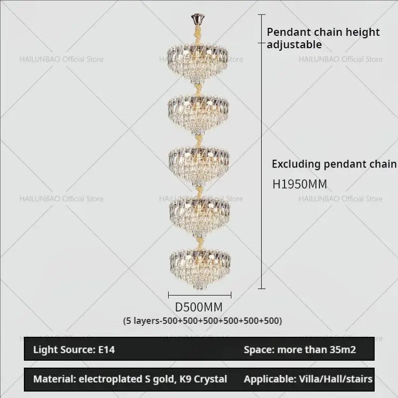 Decorbites crystal duplex chandelier featuring five cascading tiers of clear k9 crystals in electroplated gold for elegant villa lighting