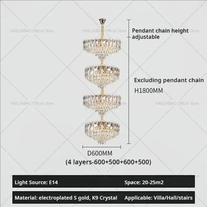 Decorbites crystal duplex chandelier with four cascading k9 crystal tiers and gold electroplated finish for living room lighting