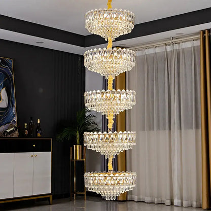 A decorbites crystal duplex chandelier with golden finish featuring multi-tiered clear faceted crystals for living room lighting