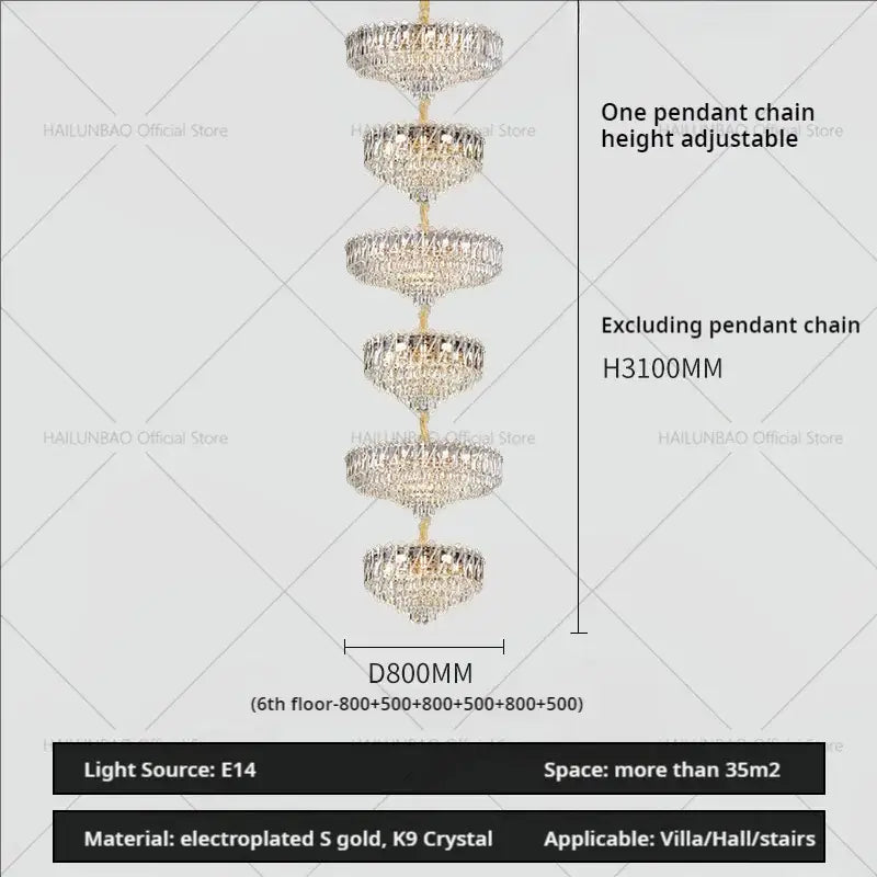 Decorbites crystal duplex chandelier with electroplated gold accents and k9 crystals for elegant villa lighting