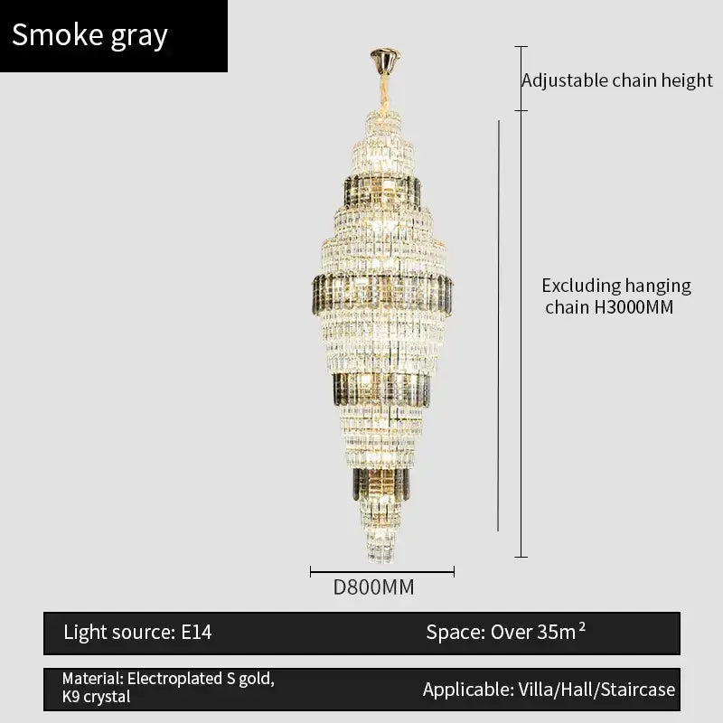 Smoke gray decorbites crystal duplex chandelier with electroplated gold and k9 crystal tiers for living room lighting