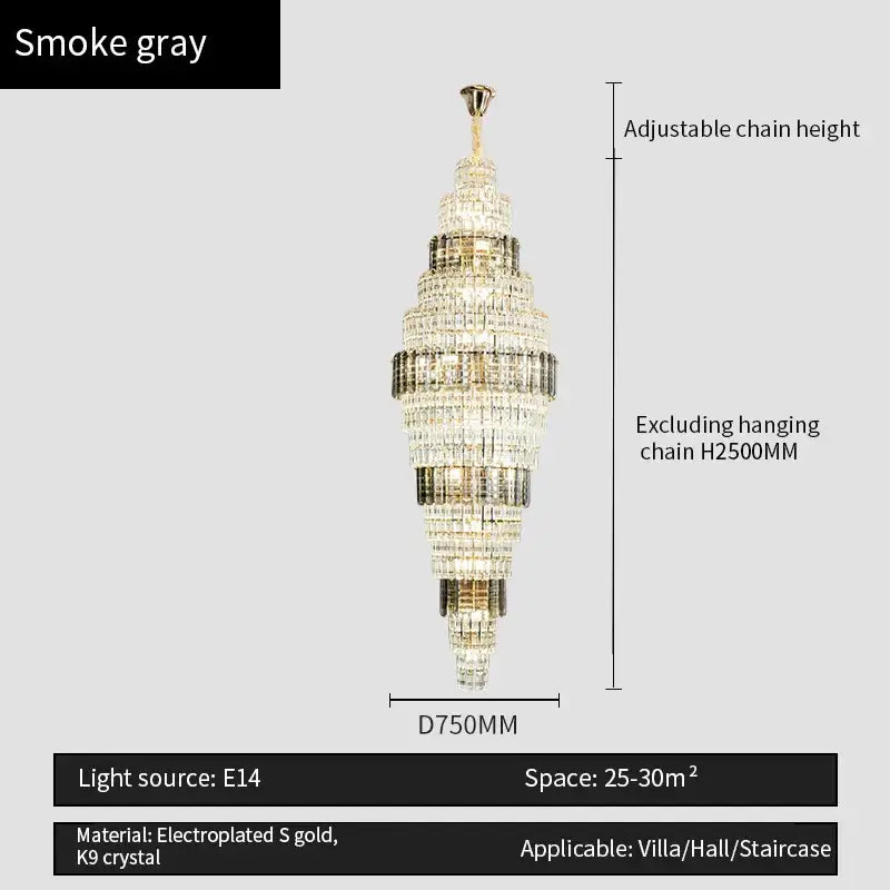 Smoke gray tiered decorbites crystal duplex chandelier with electroplated gold and k9 crystal for living room luxury light
