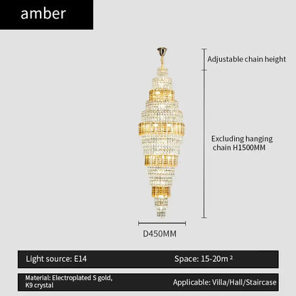Decorbites crystal duplex amber-colored multi-tiered chandelier with electroplated gold and k9 crystal for living room