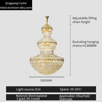 Decorbites crystal duplex gold chandelier with k9 crystal and adjustable chain for hotel and living room decor