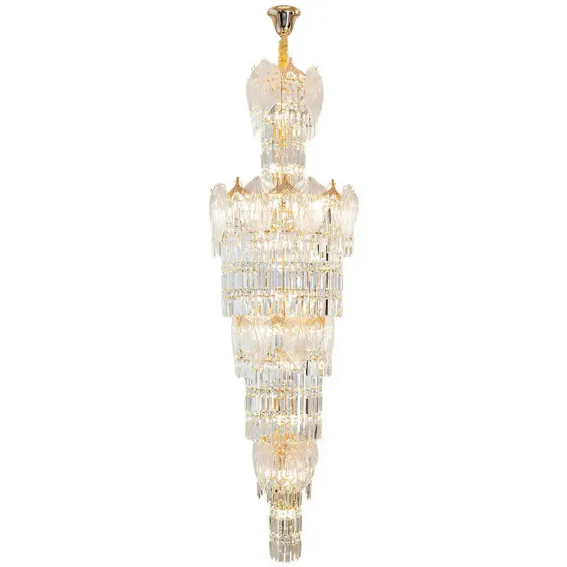 Elegant multi-tiered decorbites crystal european long chandelier with gold-toned metal accents for living room lighting