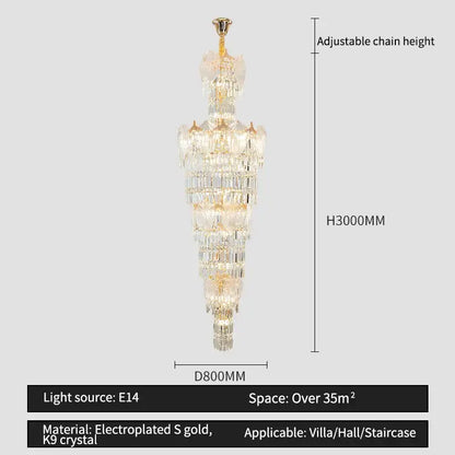 A tall decorbites crystal european long chandelier with cascading clear k9 crystal prisms and electroplated gold accents