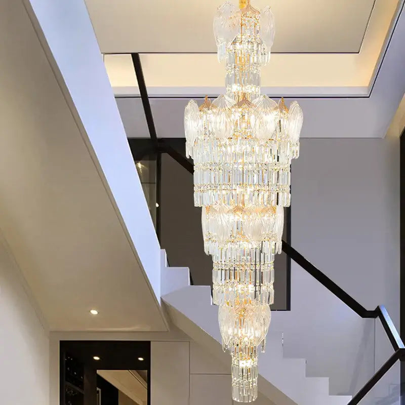Decorbites crystal european long chandelier with cascading clear glass prisms and gold accents for living room lighting