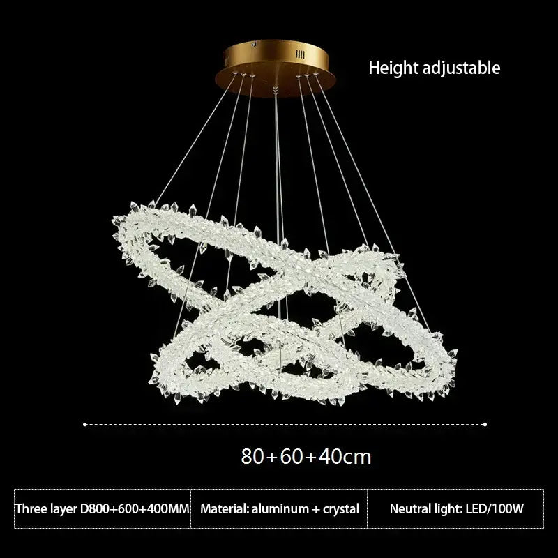 A modern height-adjustable decorbites crystal flower led chandelier with three interlocking crystal rings and gold aluminum base