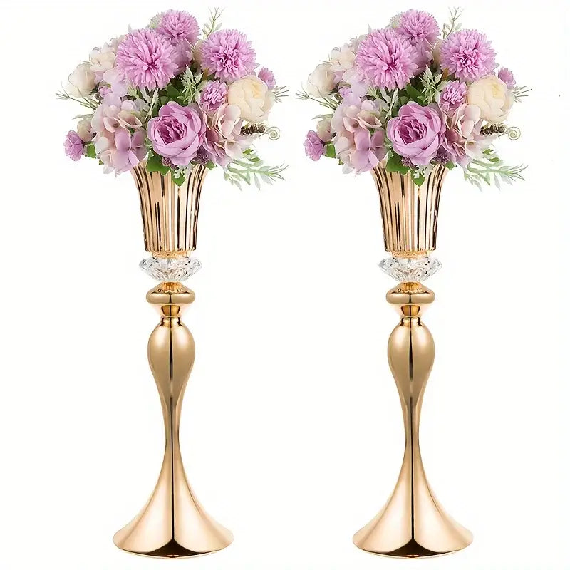 Elegant gold-toned crystal flower stand set with floral centerpieces in 22 inch tall metal fluted vases by DecorBites