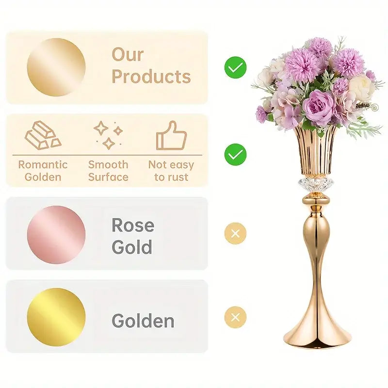Elegant gold-toned metal crystal flower stand set with fluted vase and purple white floral arrangement 22 inches tall