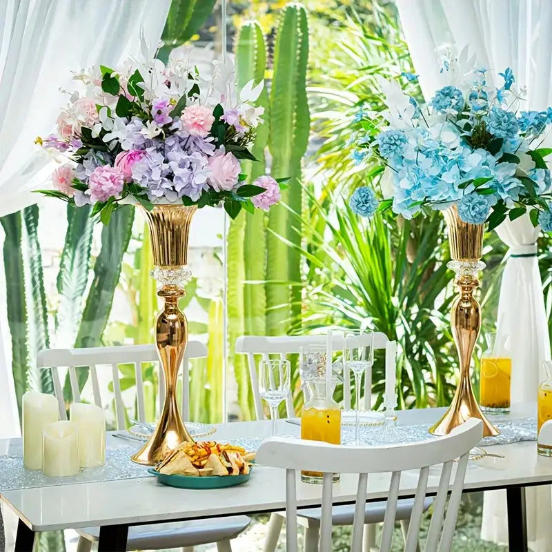 Elegant gold-toned metal crystal flower stand set with lush pink lavender and blue floral arrangements 22 inches tall