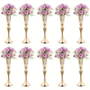 Gold-colored metallic DecorBites™ crystal flower stand set with crystal accents and purple floral arrangements