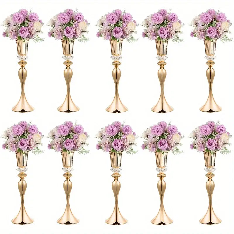 Gold-colored metallic DecorBites™ crystal flower stand set with crystal accents and purple floral arrangements