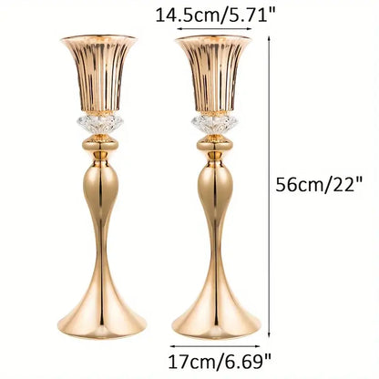 Golden metal DecorBites crystal flower stand set with fluted trumpet tops and clear crystal accents, 22 inches tall