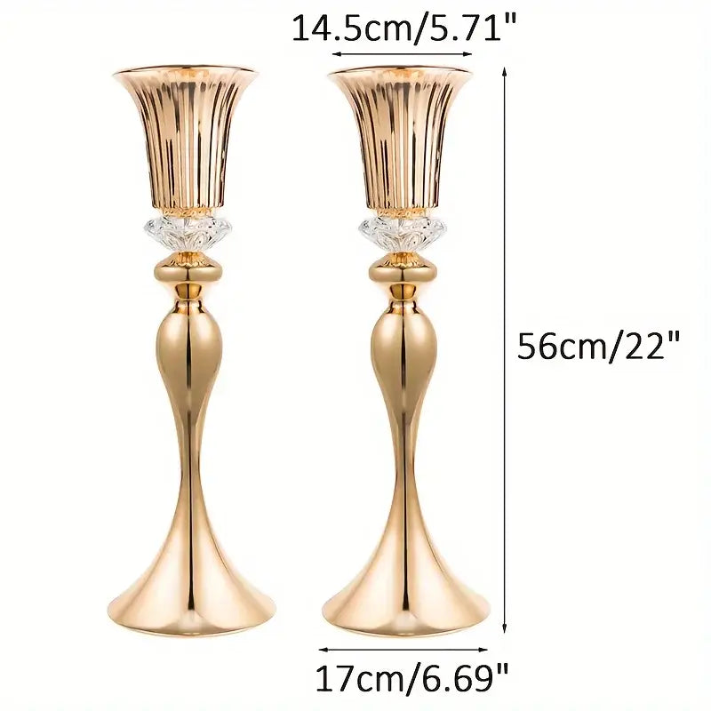 Golden metal DecorBites crystal flower stand set with fluted trumpet tops and clear crystal accents, 22 inches tall