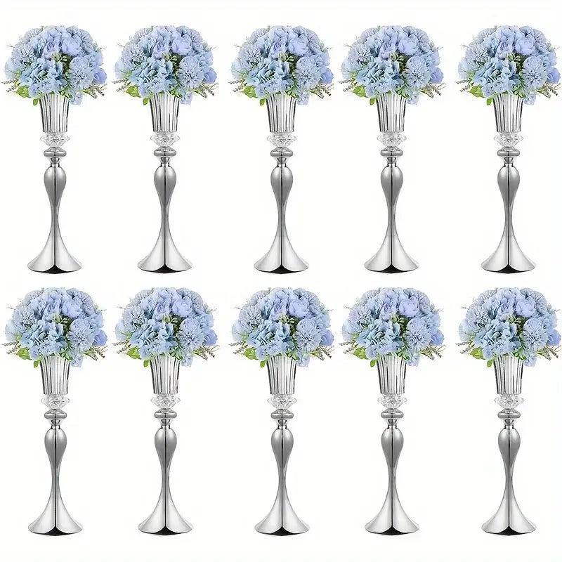 Set of ten silver-toned metallic crystal flower stands with light blue artificial bouquets decorbites flower stand set 22 inches tall