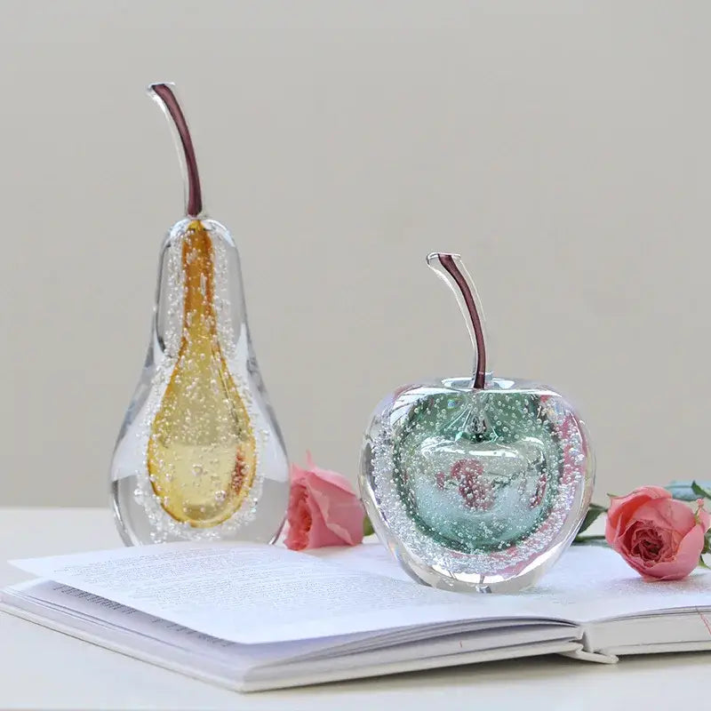 Decorbites crystal glass clear glass apple and pear sculptures with golden and teal bubbles for living room decor
