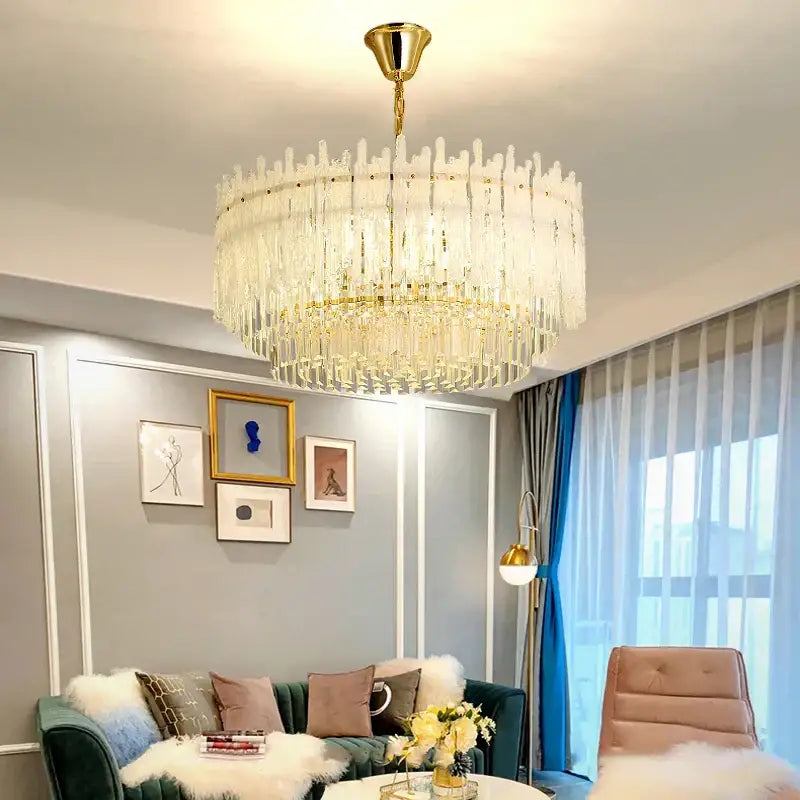 A modern decorbites crystal glaze gold chandelier with clear crystal prisms for luxury dining room ceiling decorbites crystal glaze ceiling
