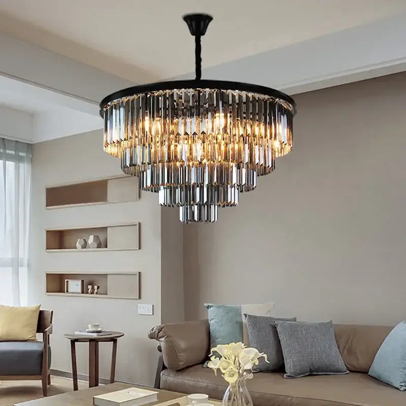 Black metal decorbites crystal gold chandelier with cascading clear and amber glass prisms for living room light