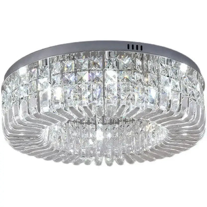 Circular ceiling light fixture with sleek chrome frame and clear crystal prisms from decorbites crystal gold ceiling collection