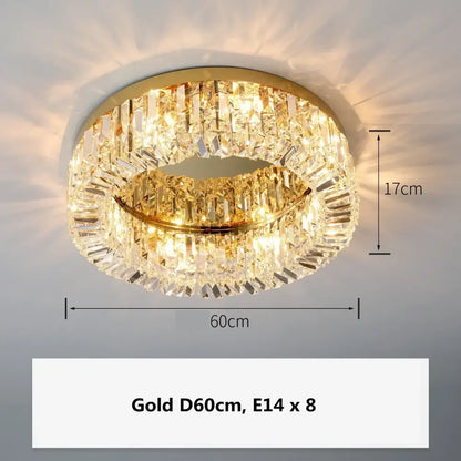 Decorbites crystal gold ceiling light featuring gold circular fixture with two rings of faceted crystal prisms 60cm diameter