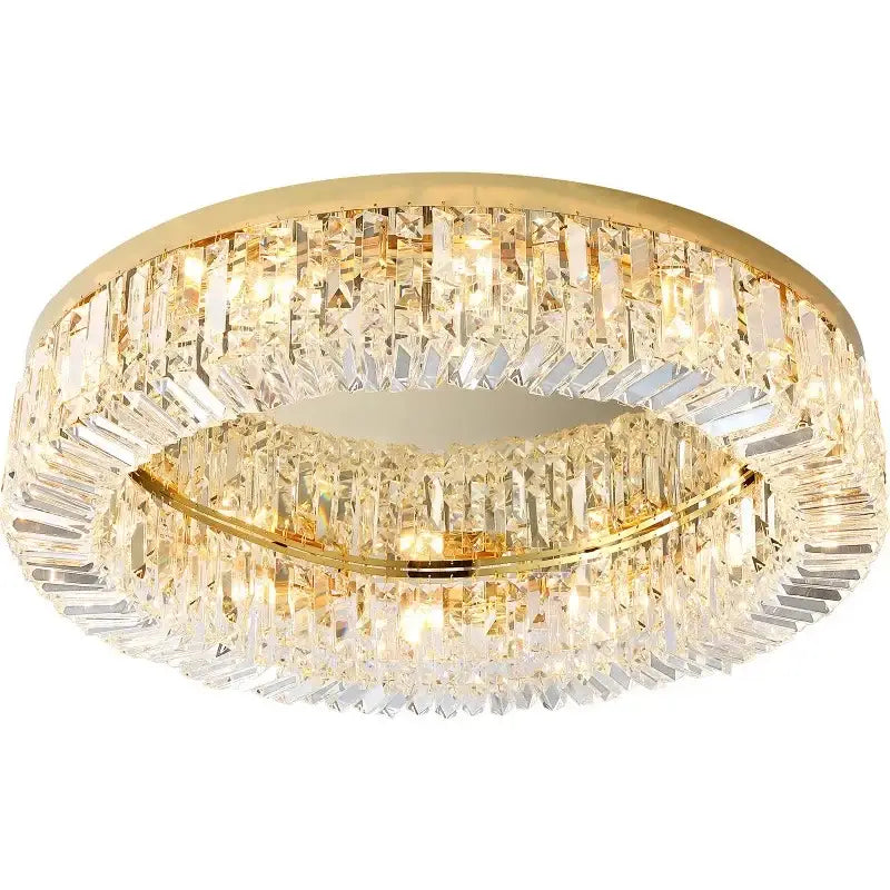 Decorbites crystal gold ceiling light with gold-toned fixture and two concentric rings of faceted crystal prisms for dining room