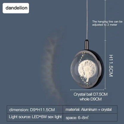 Decorbites crystal jellyfish gold bedroom pendant light with a delicate transparent crystal ball and glowing dandelion design
