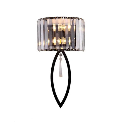Elegant black metal wall lamp decorbites crystal led with cylindrical crystal shade and clear glass droplet for bedroom