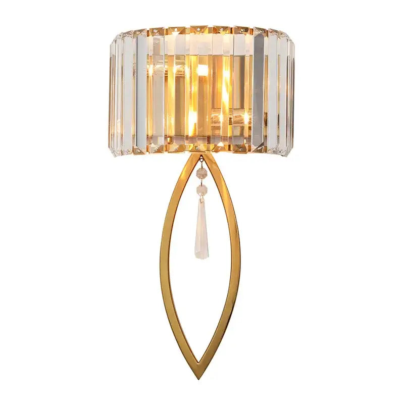 Gold-toned decorbites crystal led black wall lamp with cylindrical crystal shade and clear glass pendant for bedroom