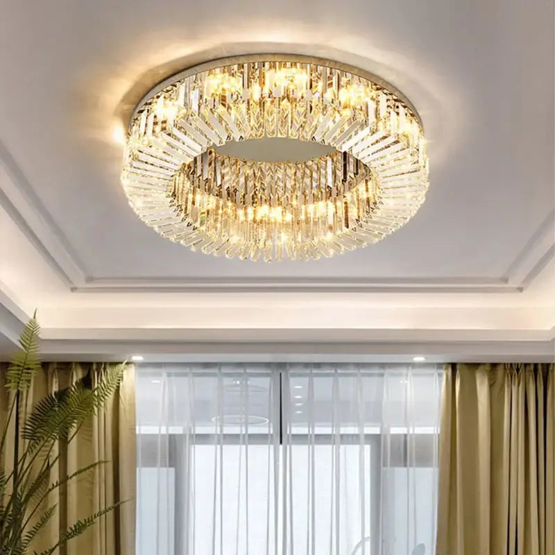 Decorbites crystal led chrome chandelier with gold-toned frame and faceted glass crystals for living room ceiling lights