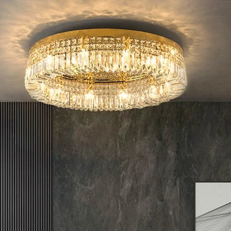 DecorBites™ crystal LED chandelier ceiling light with gold frame and clear prisms for modern crystal ceiling or dining room